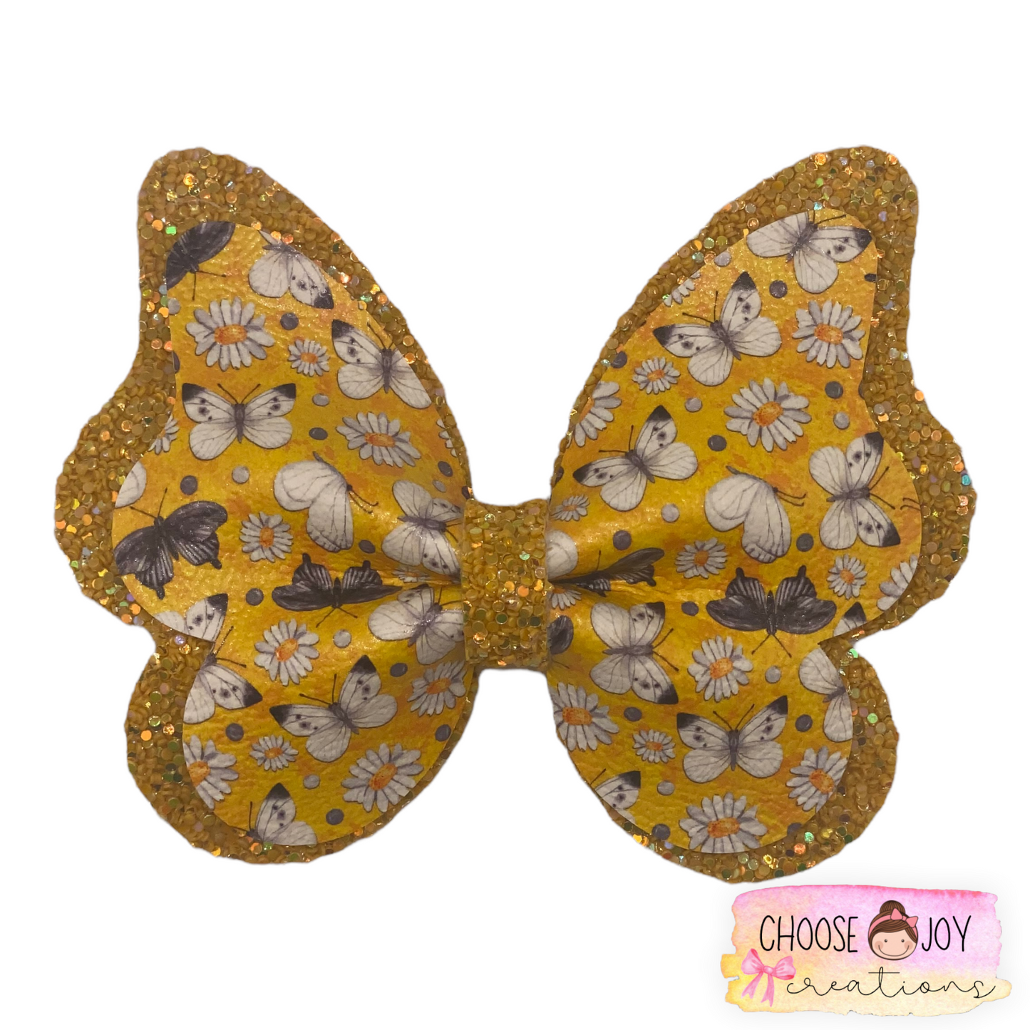 Yellow BG Daisies & Butterflies on a Butterfly Bow 3.5" Choose Joy Creations