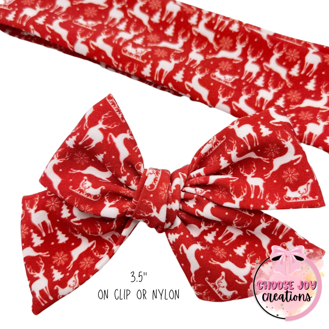 Hand-Tied: Printed Christmas - Reindeer Sleigh Serenity Bow 3.5" Choose Joy Creations