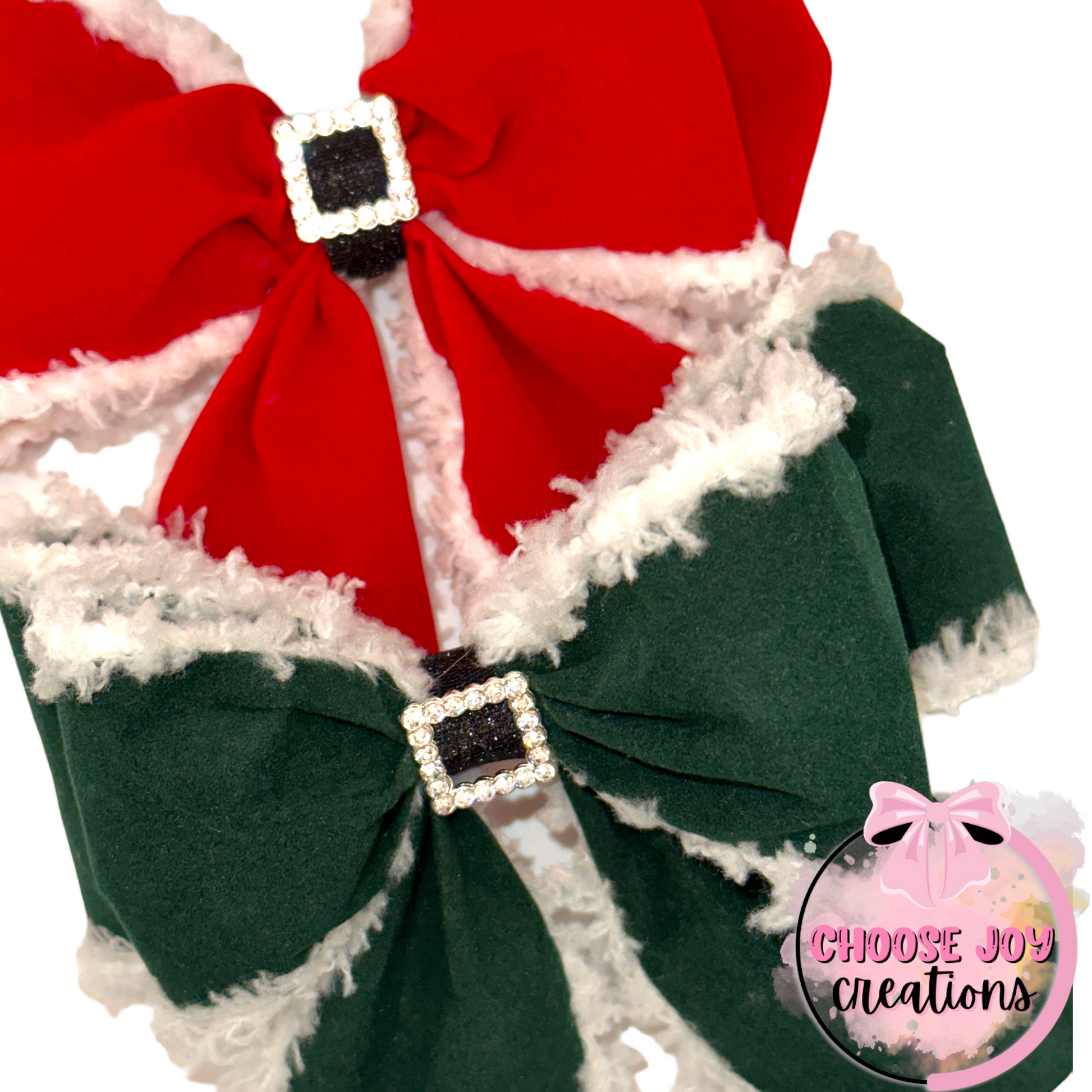 Christmas: Velveteen Red Santa Buckle Double Layer Ribbon Bow 6.0" Choose Joy Creations