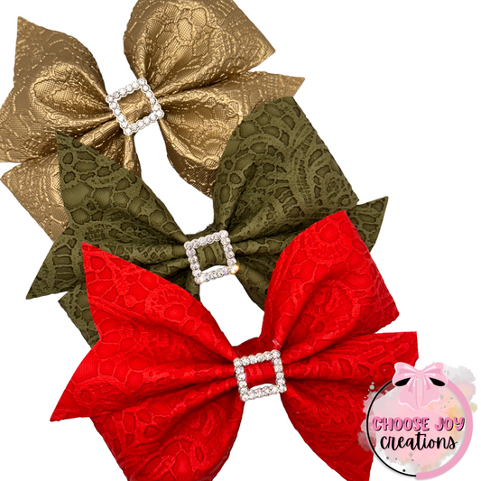 Butter Lace: Gold with Santa Buckle Larkin Pinch Bow 3.5"-5" Choose Joy Creations