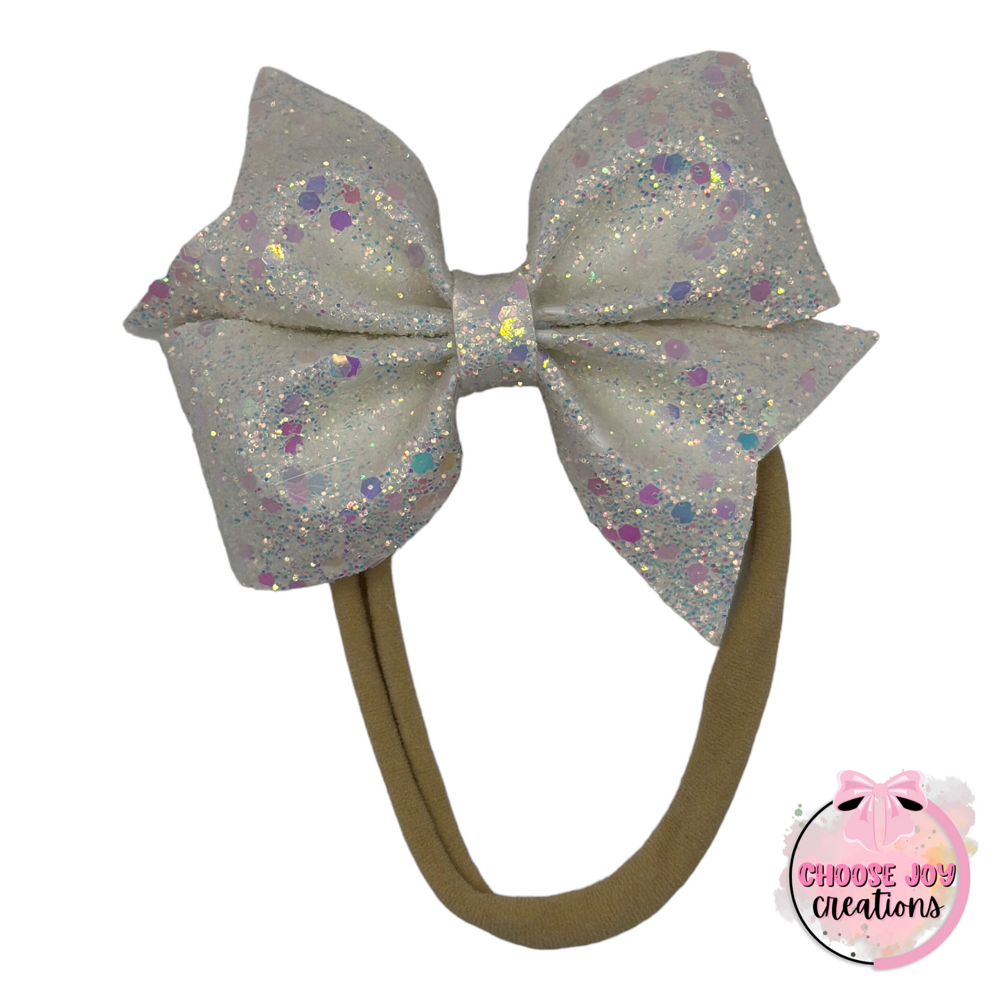 Glitter: White Ice Fizz Larkin Bow 3.5"-5" Choose Joy Creations