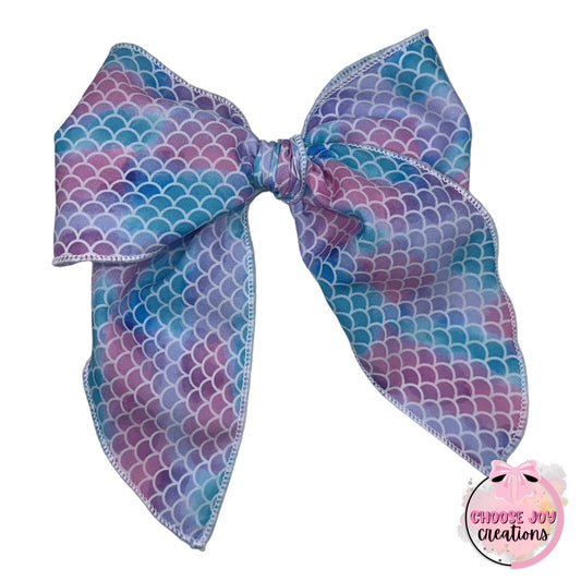 Hand-Tied: Mermaid Swim Scales Printed Fabric Fable Bow 4.5” Choose Joy Creations