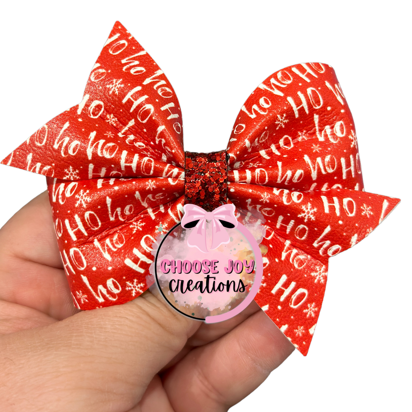 Christmas: Red Ho Ho Ho Larkin Pinch Bow 3.5"-5" Choose Joy Creations