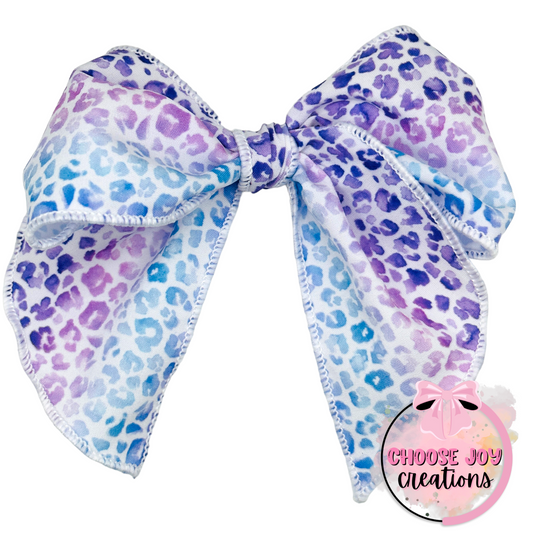 Hand-Tied: Purple Leopard Printed Fabric Fable Bow 4.5” Choose Joy Creations