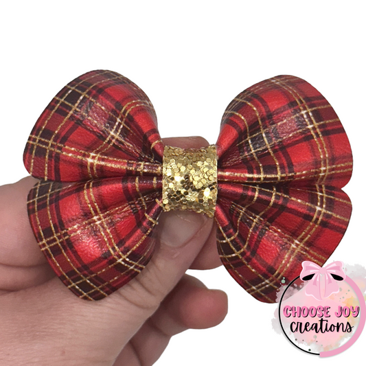 Christmas: Red Christmas Plaid Violet Bow 3.0" Choose Joy Creations